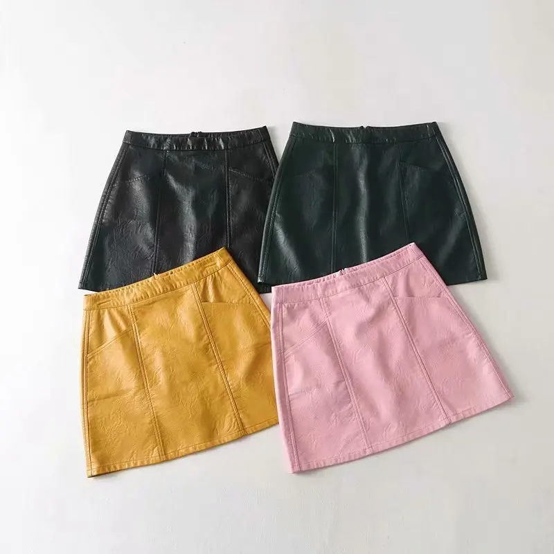 

2018 Western Style Early Spring WOMEN'S Dress New Style Large Pocket Candy Leather Skirt