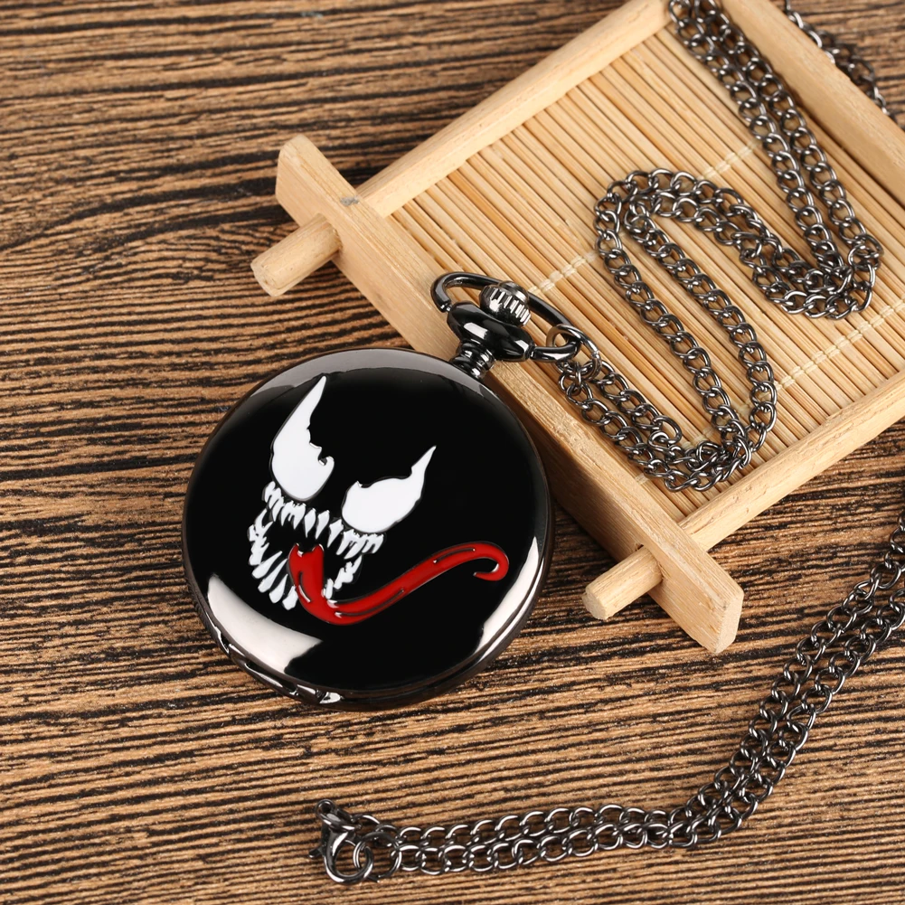 Marvel серии Карманные часы Venom тема кварцевые карманные часы модные чёрные цветы гравировка кулон часы с ожерельем дропшиппинг
