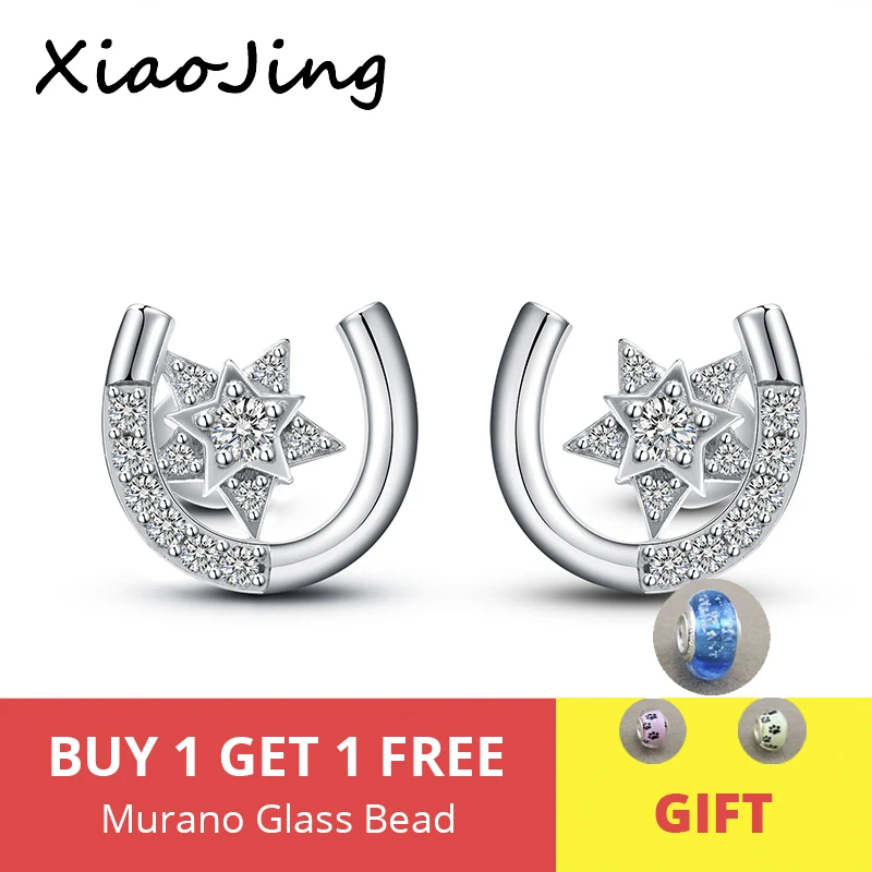 

XiaoJing new collection U shape stud earrings with Clear CZ 925 sterling silver simple star earring for women fashion gifts