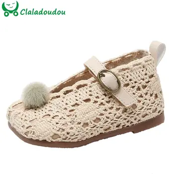 

12-15.5cm Baby Knitting Shoes With Thin Velvet Fashion Pompom Princess Dress Shoes Soft Sole 0-3Years Old Kids Girls Flats Shoes