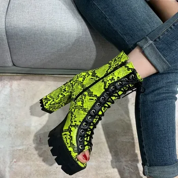 

US4-11 Womens Peep Toe Snake Python Pattern Ankle Boots Lace Up Platform Block High Heel Cut Out Shoes 3Colors Plus Size