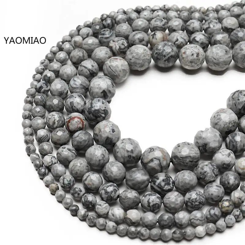 

Free Shipping Natural Grey Map Stone 7-8mm Multi-faceted Drill Stone Beads for Jewelry Making Charm Bracelet DIY large hole