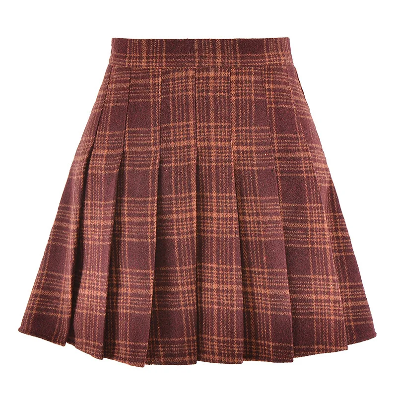 Claret plaid JLI мая, плиссированные юбки с высокой талией, осенняя клетчатая повседневная короткая мини-юбка в стиле ампир, милая одежда в консервативном стиле для девочек - Цвет: Claret plaid