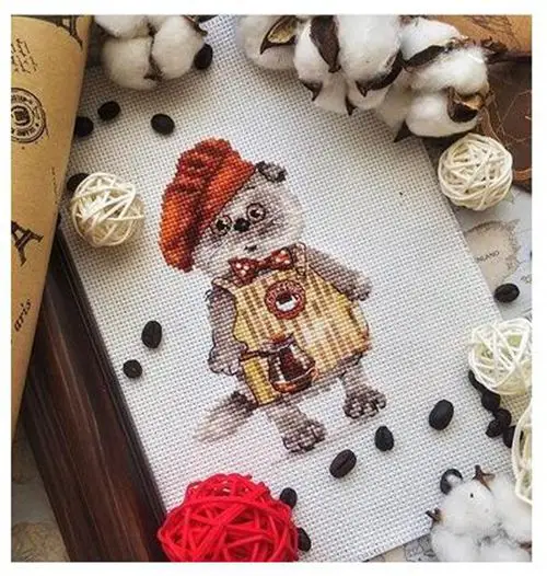 CS-3084 Cross Stitch Kit Coffee Cat Kitten Kitty Chef Cook Little Bear Explorer Hunter with Binoculars Little Pilot Bear