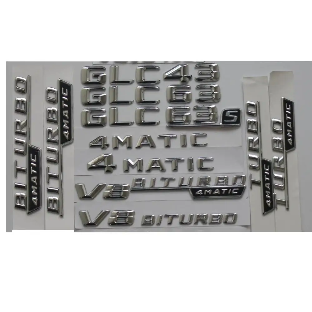 3D Chrome Silver Trunk Letters Number Fender Badge Emblems For Mercedes Benz W253 X253 GLC43 GLC63 AMG V8 BITURBO TURBO 4MATIC