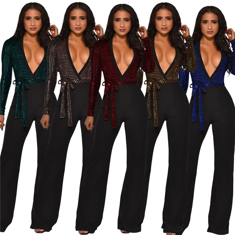 

Adogirl Multi Colors Sequins Patchwork Women Sexy Jumpsuit Deep V Neck Long Sleeve Bodice Romper Wide Leg Pants Club Overalls