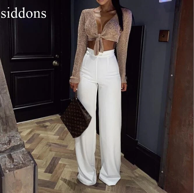 

брюки женские 2019 new hot fashion solid color sexy high waist elastic belt comfortable female wide leg pants a261