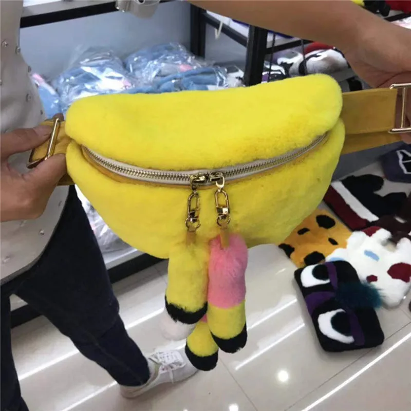 

2019 Women's Real Rex Rabbit Fur Funny Pack Waist Bag Fluffy Warm Fur Women Walking Mountaineering Belly Band Top Quality Zipper
