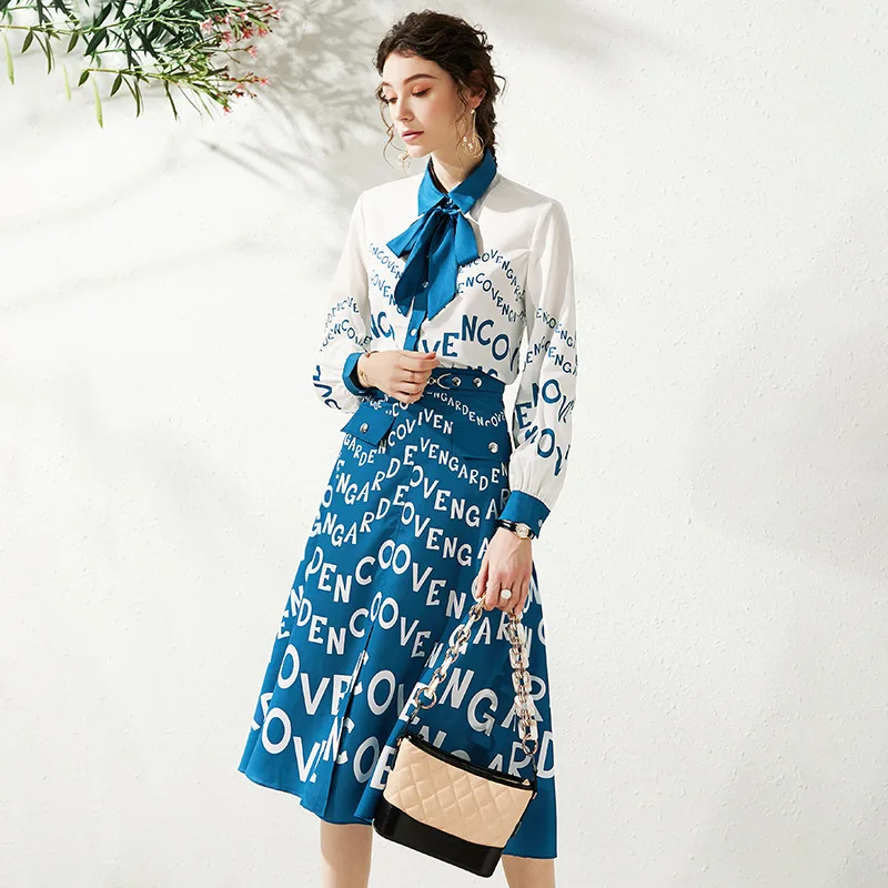 Brief Print Blue Chiffon Blouse Tweedelige Rok Set Bijpassende Sets Midi Een Lijn Rokken 2 Pc Set Vrouwen Lente lange Mouwen Za