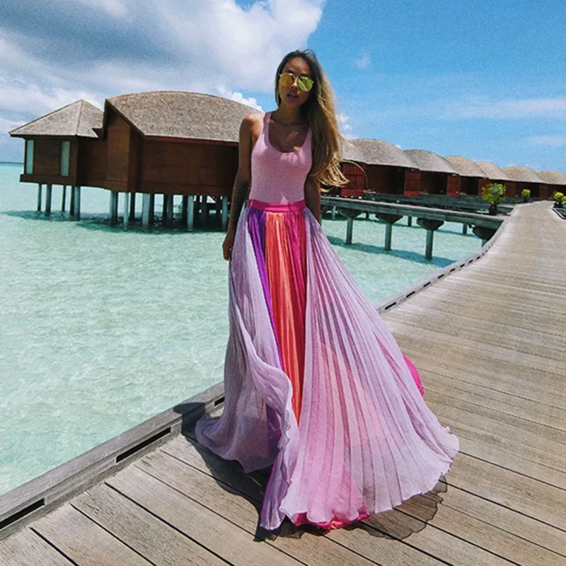 Весенне-летняя плиссированная юбка, Женская винтажная богемная юбка с высокой талией, однотонные макси юбки, Новая модная женская юбка