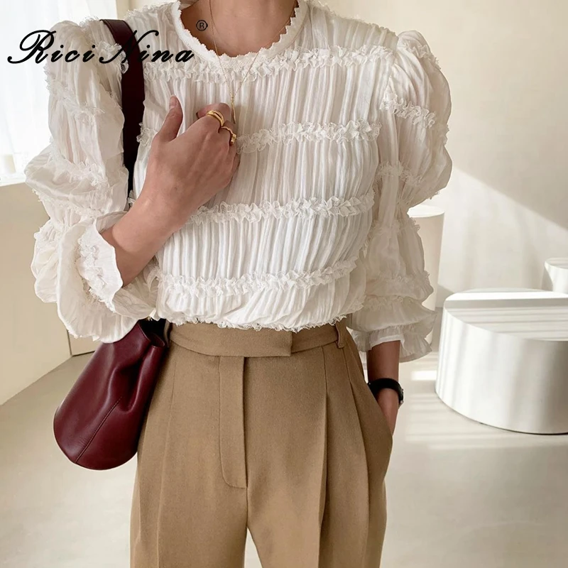RICININA, кружевная блузка для женщин, белая, длинный, с пышными рукавами, однотонная, с оборками, Женские топы и блузки, весенние, повседневные, винтажные, женские рубашки