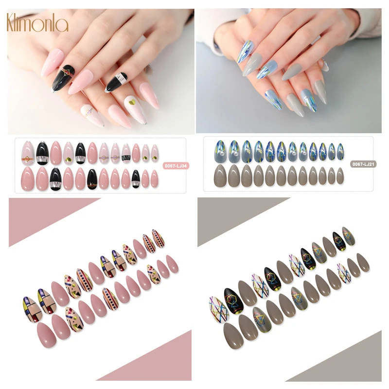 24pcs Box Fashion Short Full Cover Nails French Stiletto Nail Art Tips Cool Pattern Designs Detachable Fake Nails New False Nails Aliexpress