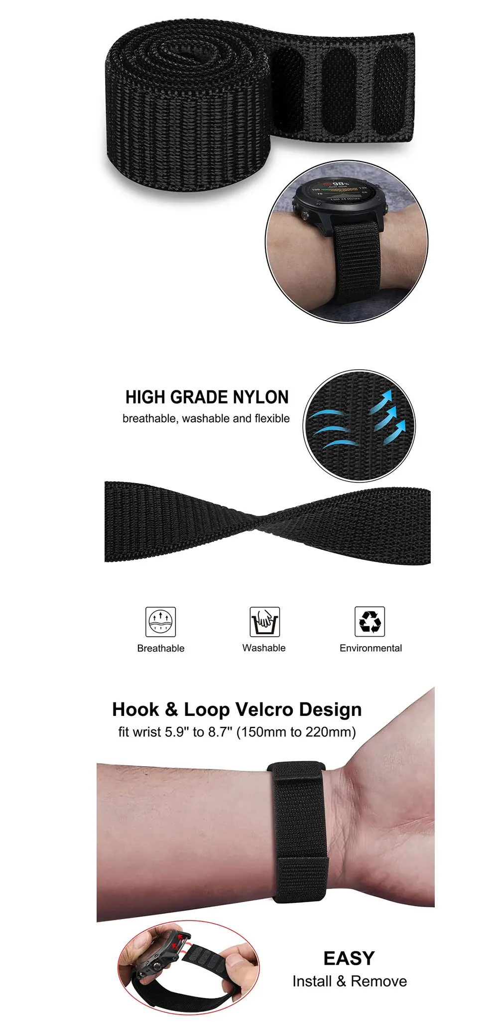 Hot 22 26mm Quick Fit Watchband For Garmin Fenix 7 7X 3 HR Enduro Nylon Easyfit Wrist Band for Garmin Fenix 6X 6 Pro 5 5 Plus