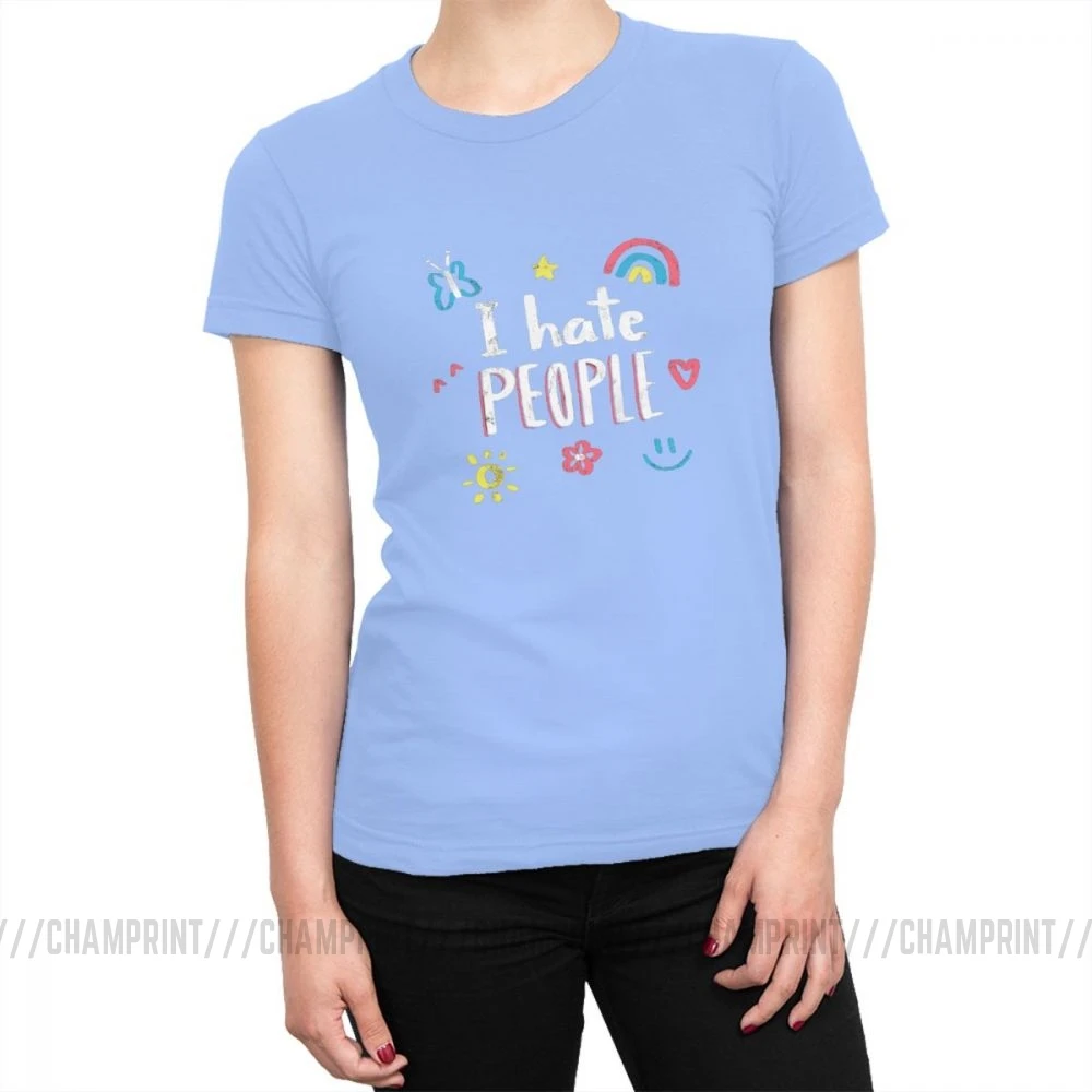 Футболки для женщин с надписью «I Hate People», «Smile», «Rainbow», «Flower», «Butterfly», «Harajuku», топы, футболки, винтажная Хлопковая женская одежда - Цвет: Небесно-голубой