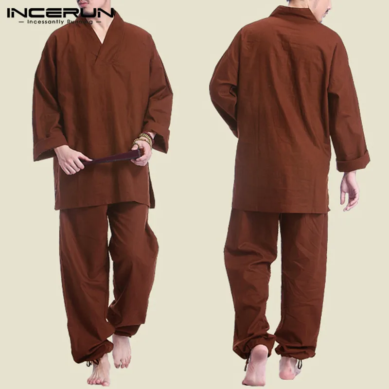 Shirts Men-Sets INCERUN Chinese-Style Long-Pants Casual Cotton Solid V-Neck Cozy Loose