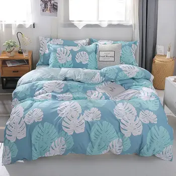 

Svetanya INS Nordic Palm Leaves Blue Bedding Set Sheet Pillowcase Microfiber Polyester Duvet Cover Bed Linens