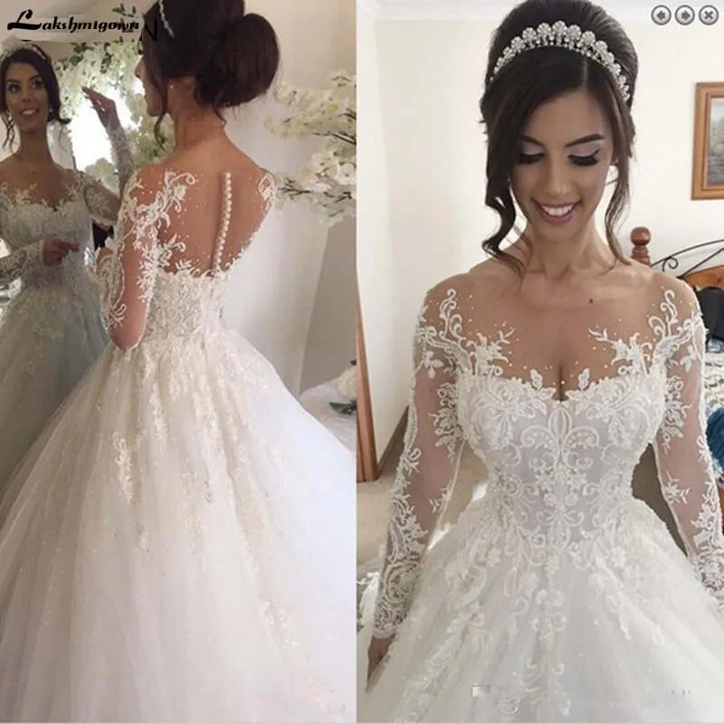 Слоновая кость Роскошное бальное платье, свадебные платья, vestido de novia, круглый вырез, длинный рукав, платье невесты, Дубай, Саудовская Аравия, robe mariage, свадебное платье - Цвет: Слоновая кость