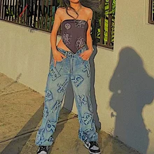 

Bold Shade Grunge Fashion Y2K Indie Jeans Letter Print High Waist Streetwear Loose Denim Pants Vintage Urban Style Women Jeans