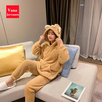

Vana Javeasen Women Pajamas Set Ear Hoodie Cartoon Sleepwear Set Women Nightwear Warm Flannel pijama Tops Pants 2pcs Pajamas