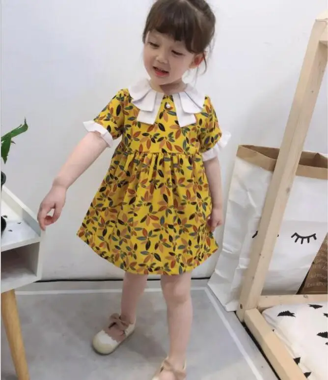 new baby girl dresses cotton print kids party dress fashion high-grade girls summer dress children clothing - Цвет: Цвет: желтый