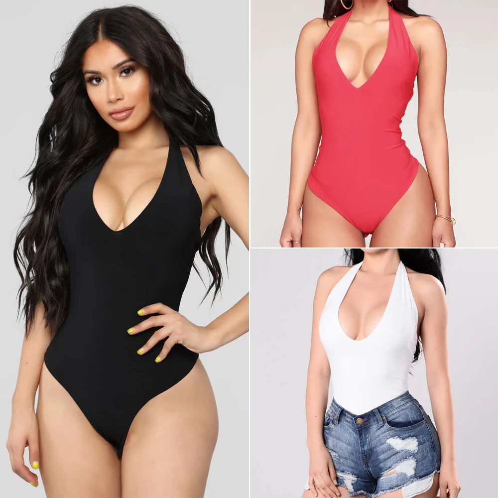 Plus Size Fashion Women Sexy Bustier Bodysuit Summer Sleeveless Backless Halter Plain Skinny Party Club Beach Streetwear Clothes
