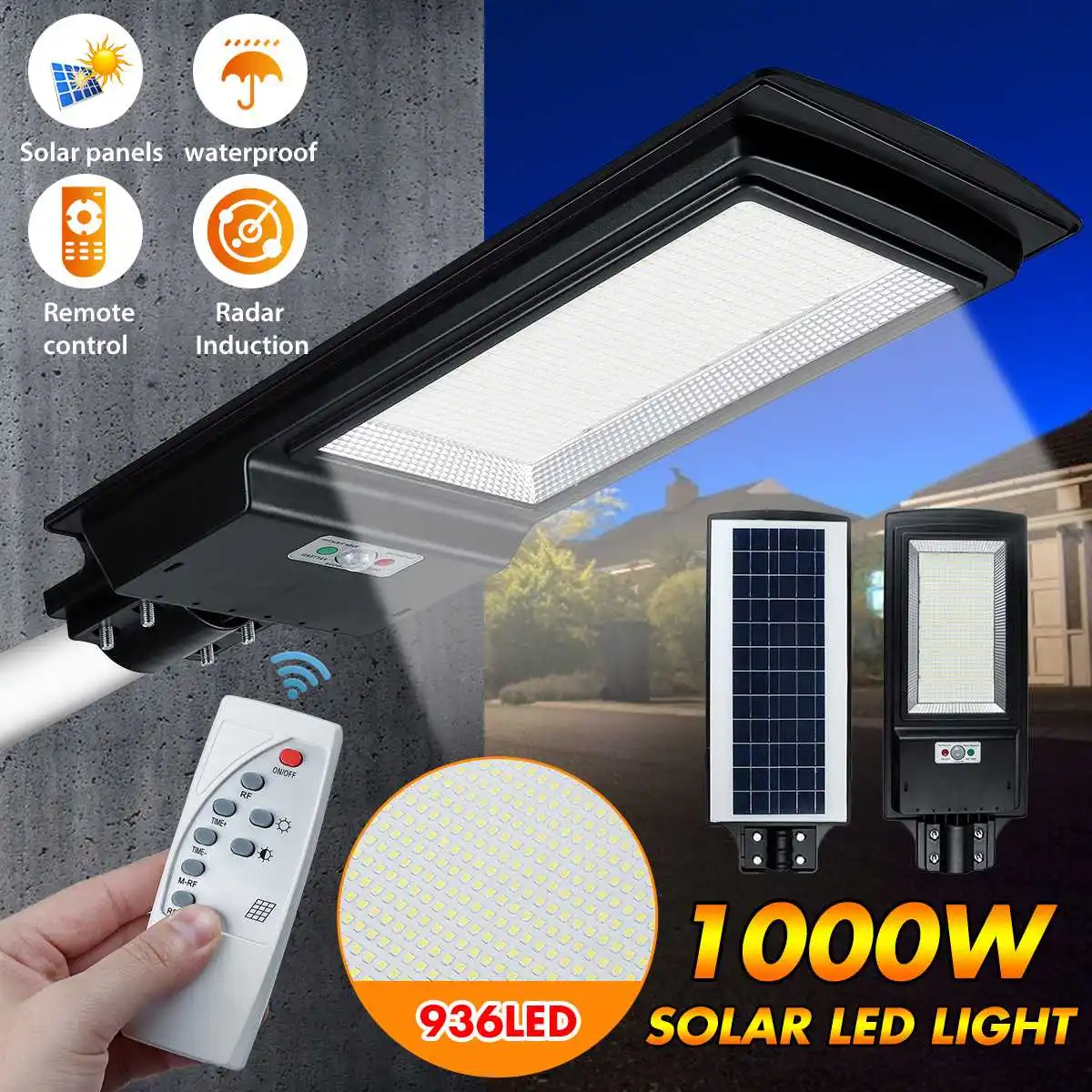 Sensor de Movimento Eficiente ao ar Lâmpada de Rua à Prova Solar Pir Jardim Parede Livre Dwaterproof Água Controle Remoto 1000w 936 Led Luz 3 Luzes e Iluminação