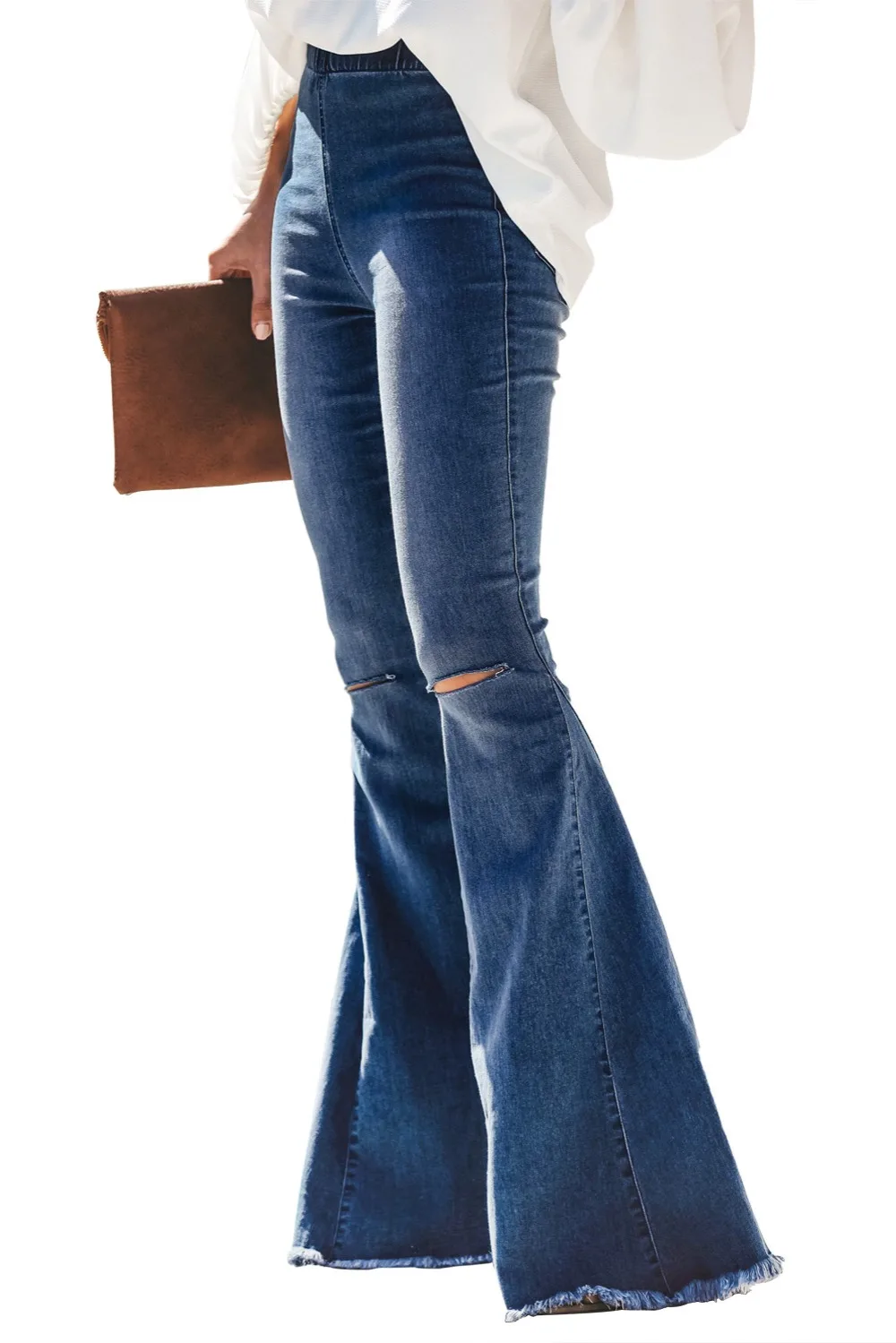 SEBOWEL весна осень модные рваные колокольчики женские джинсовые брюки винтажные широкие джинсы женский эластичный пояс отверстие низ XXL