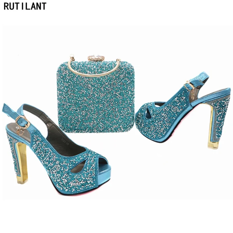

New Sky Blue Color Matching Italian Shoe and Bag Set Decoratd with Rhinestone African Matching Shoes and Bags Italian In Women