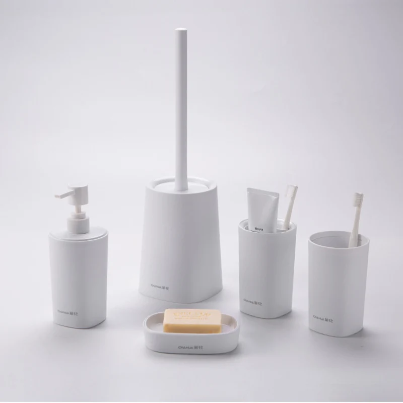 White ONEUP 5 шт./набор аксессуаров для ванной комнаты, держатель для зубной щетки/диспенсер для мыла/стакан/мыльница/щетка для унитаза, домашний пластиковый набор для хранения - Цвет: White