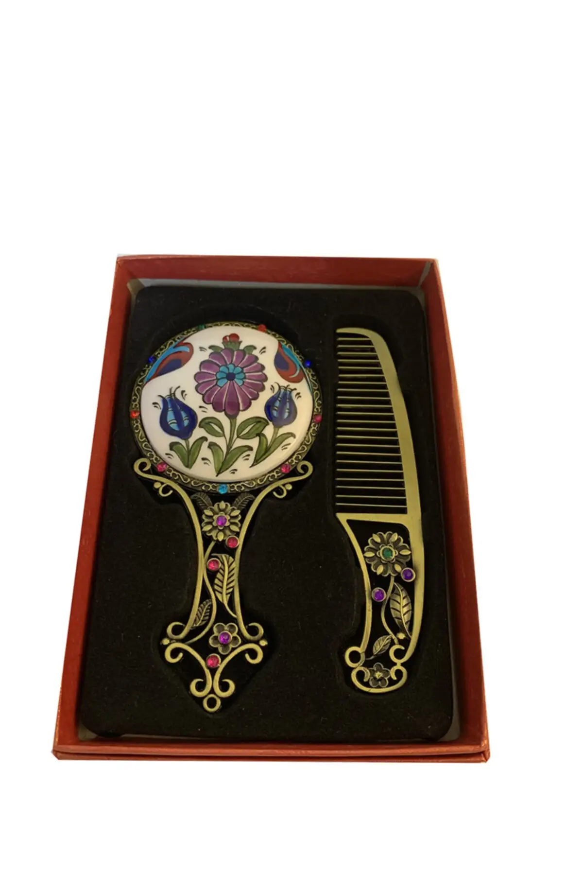 Beauty Makeup Mirror Comb Set Blue Tulip Anemone Flower Patterned Tile Vintage Old Fashioned Traditional Giftwares Souvenir janevini vintage dark purple calla lily wedding bouquet for bride artificial tulip roses bridal hand flowers ramo flores novia