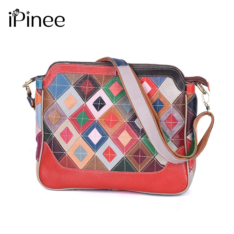 

iPinee New Arrived High Quality Genuine Leather Messenger Bags Color Spell Cow Leather Women Shoulder Bag