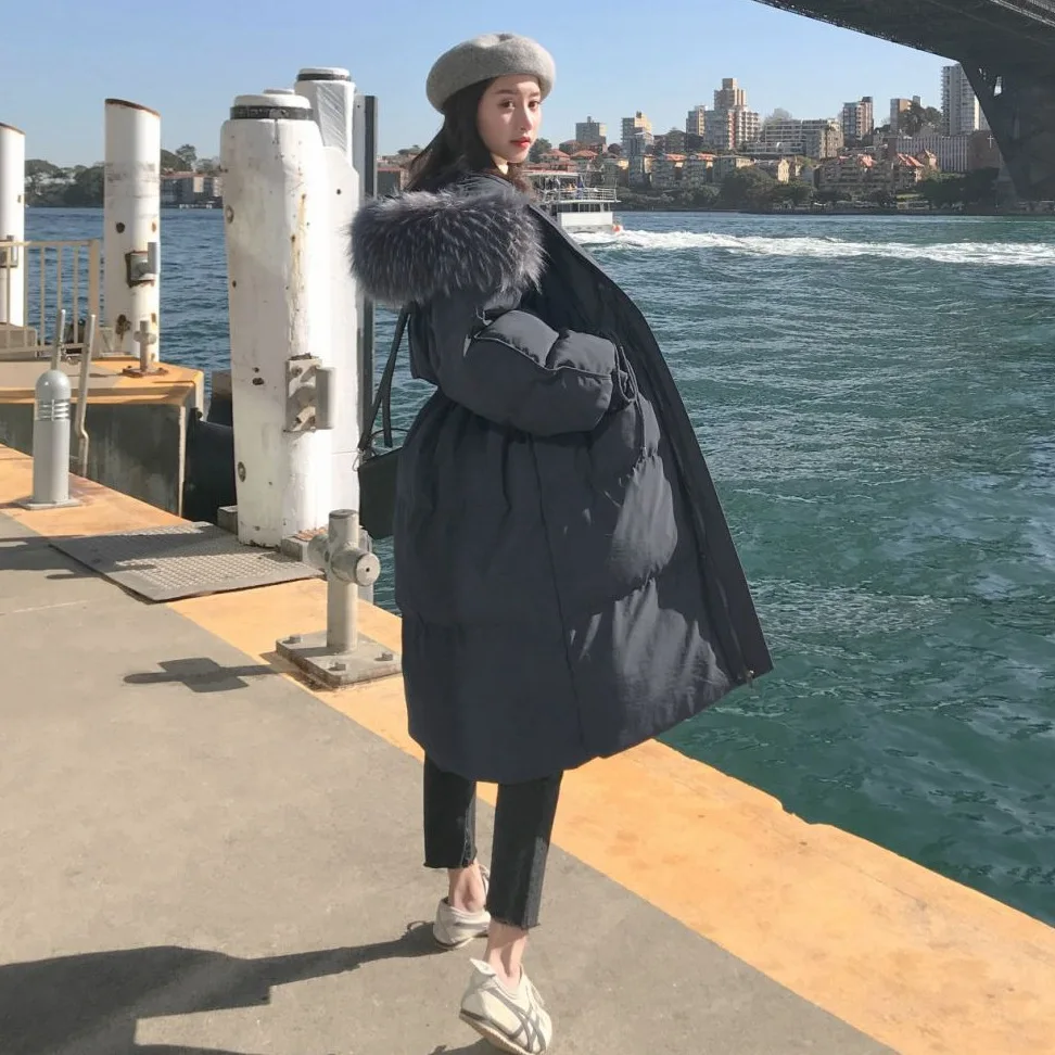 

Photo Shoot Main Push INS College Style Maple Leaf Red Large Fur Collar Hooded Drawstring Waist Hugging down Coat Mid-length Cot