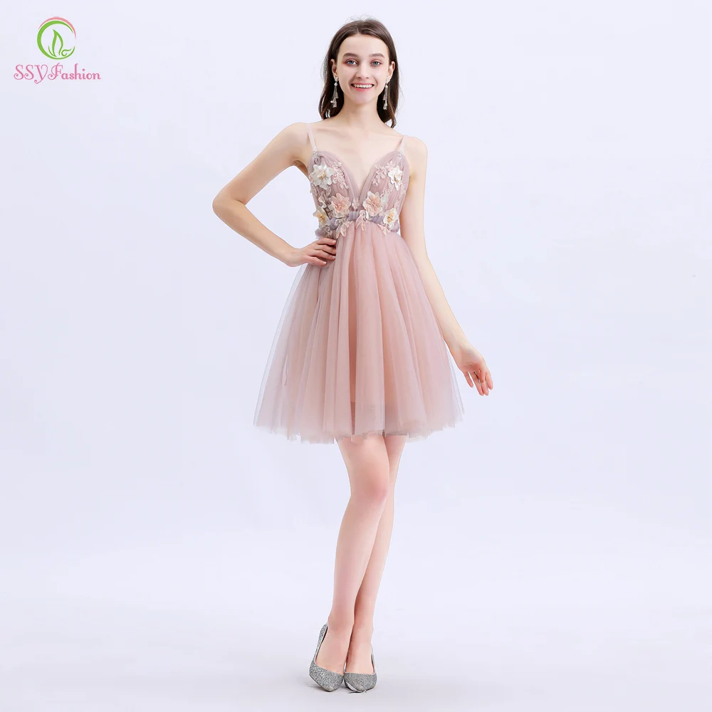 

SSYFashion New Cocktail Dresses Sweet Pink V-neck Knee-length Lace Flower with Sequins Beading Party Formal Gowns Robe De Soiree
