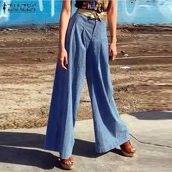 

Plus Size High Waist Wide Leg Pants ZANZEA 2020 Fashion Lady Zipper Up Solid Pockets Long Trousers Casual Loose Streetwear 5XL
