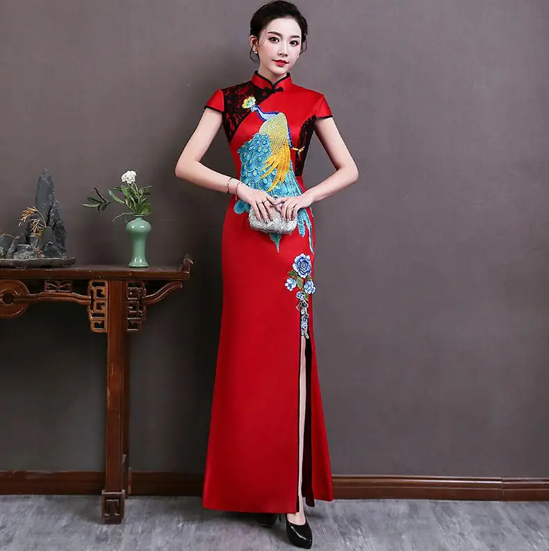 Красное женское длинное платье Cheongsam в винтажном китайском стиле с