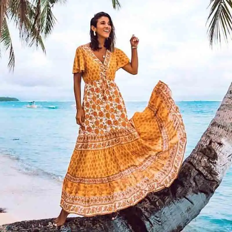 

BOHO INSPIRED MAXI DRESS button down v-neck short sleeve summer dresses yellow floral print drawstring waist dress for women