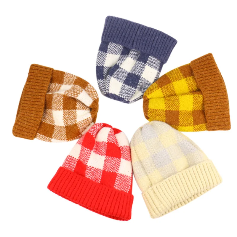 

new han edition men's and women's fashion warm add wool knitted cap large lattice grid wool hat cross-border wholesale