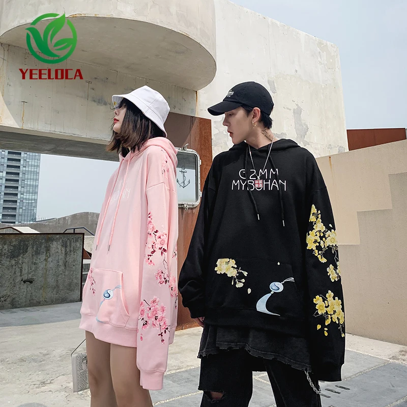 Dropshipping Chinese Style Flower Crane Printing Male Female Autumn Winter Hooded Sweatshirt Fashion Cotton Couple Hoodies