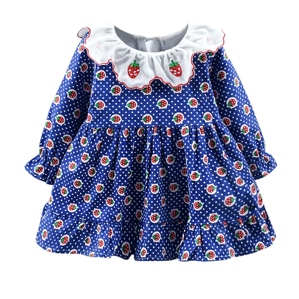 Детское осенне-зимнее платье с длинными рукавами для маленьких девочек; платье с вишневым принтом; плотные теплые вечерние платья принцессы с оборками; платье для дня рождения; Прямая поставка - Цвет: Синий