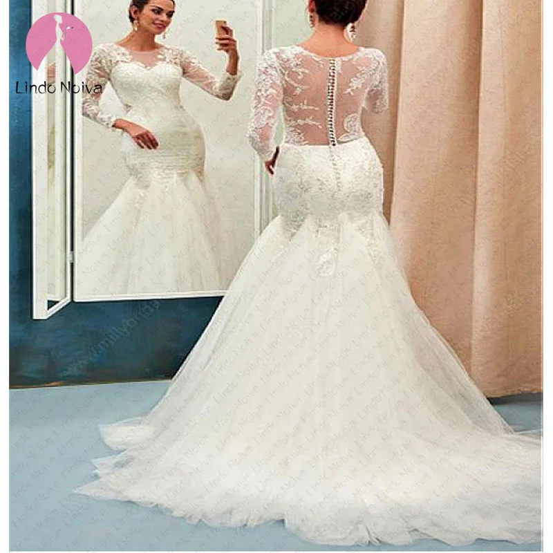 Сексуальные кружевные свадебные платья Mermiad Vestido De Noiva Элегантный Совок с длинными рукавами пуговицы Прозрачные Свадебные платья большого размера