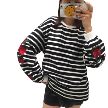 

Autumn Harajuku Roses Embroidery Lantern Sleeve Loose Women Sweatshirt Girl Student Winter Oversize Black White Stripe Hoodies