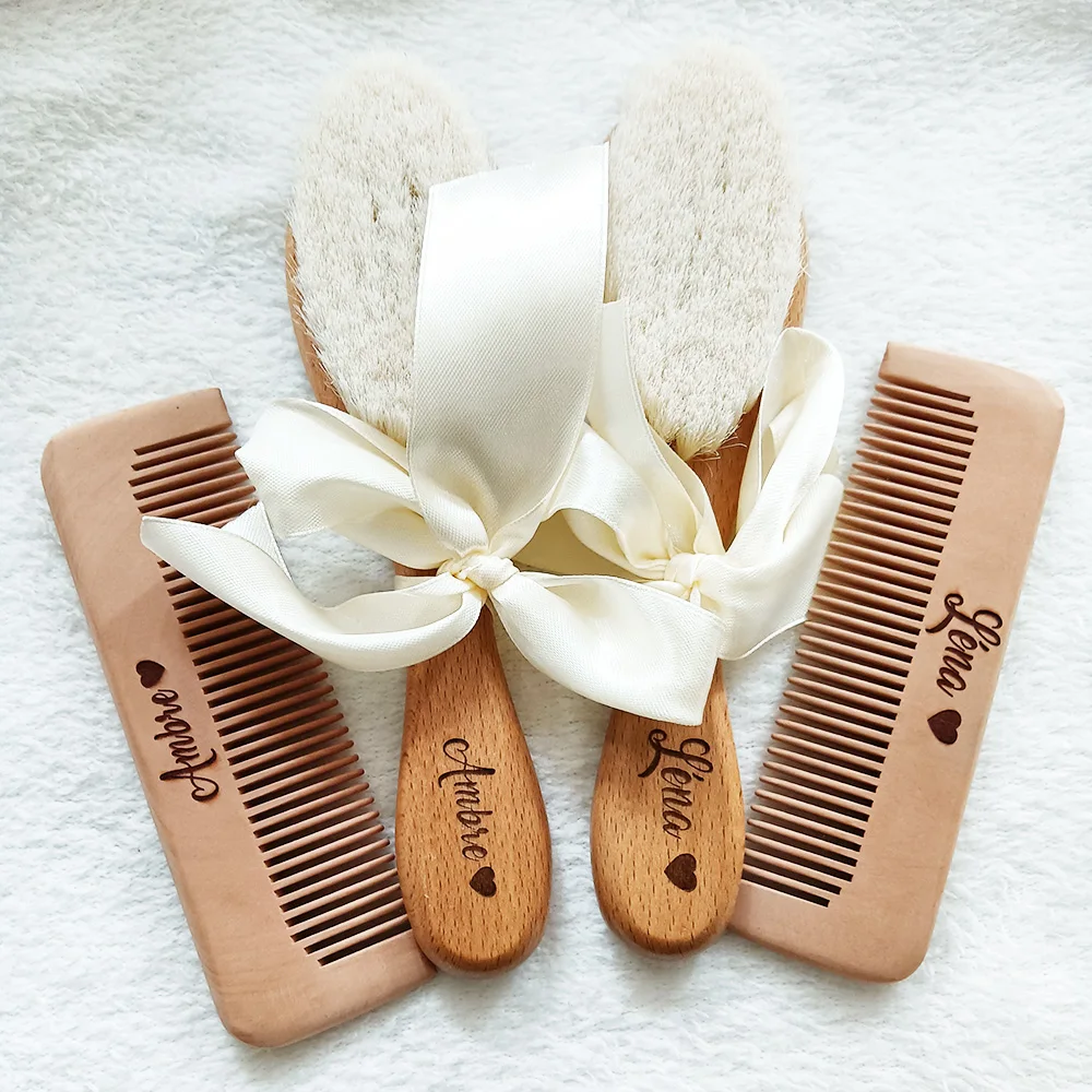 Baby Hair Brush Comb Name Baby Bathing Comb Baby Care Hair Brush Pure Natural Wool Wood Comb Newborn Massager Shower and Registry Gift