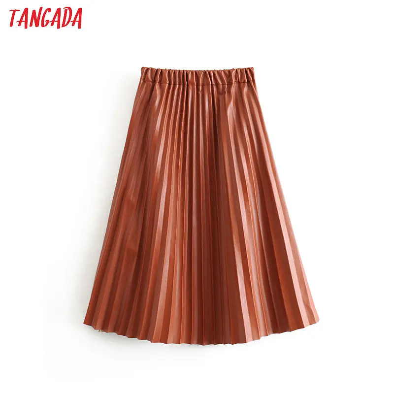 Tangada Женская плиссированная коричневая Юбка-миди юбки faldas mujer на осень-зиму в винтажном стиле; однотонные Женские повседневные шикарные юбки до середины икры 6A322