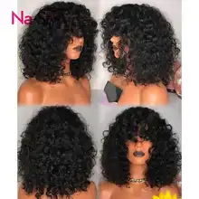 Кудрявый парик с челкой для черных женщин взрыва парик человеческих волос короткий боб парики фронта шнурка человеческих волос парики 250 плотность кружева парик Fringe