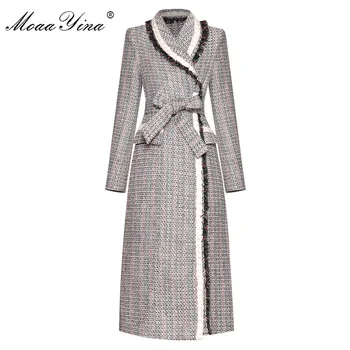 

MoaaYina Fashion Designer Woolen coat Winter Women Long sleeve Tassel Lace up Elegant Keep warm Woolen coat Overcoat