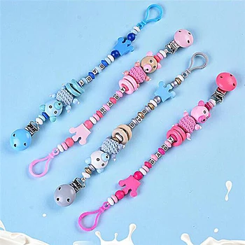 

Cute Baby Pacifier Chain Cartoon Bear Head Wooden Dummy Chain Wood Pacifier Clip Bead Dummy Clip Infant Teether Toy