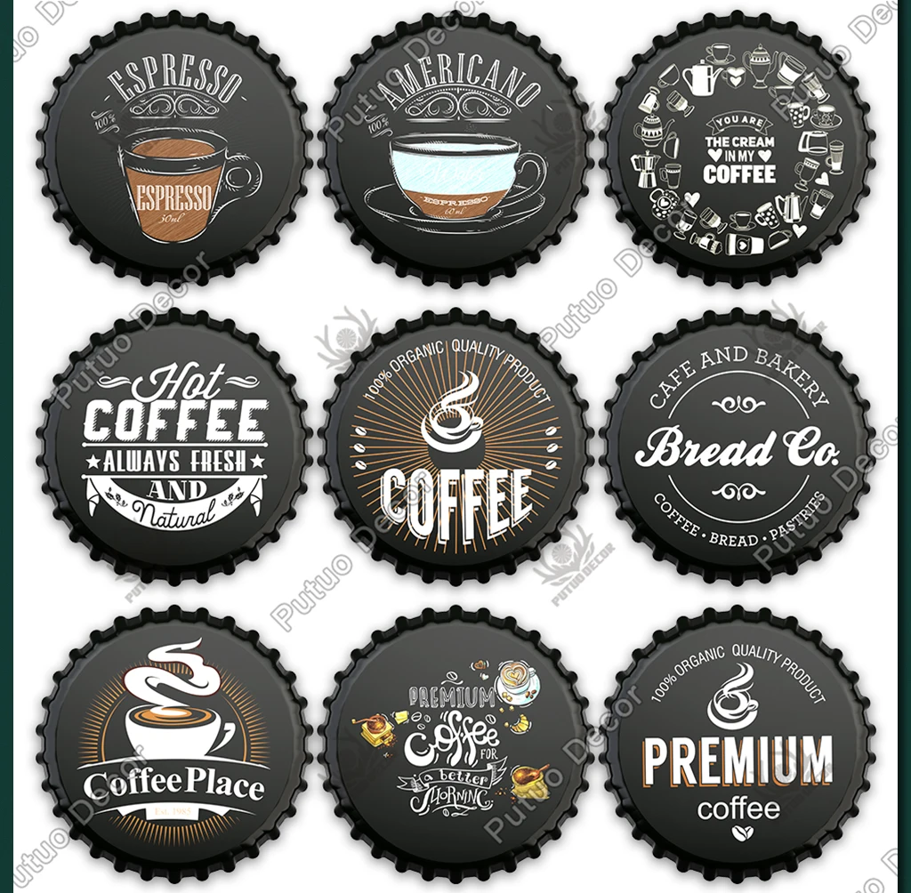 Putuo Decor Coffee Bottle Cap Metal Sign Plaque Metal Vintage Tin Sign Decor for Kitchen Cafe Pub Bar Club Home Wall Decoration