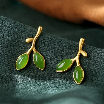 

925 sterling silver jade earings jewelry gold earrings for women fashion s925 Stud earring Jasper Small leaf emerald gem