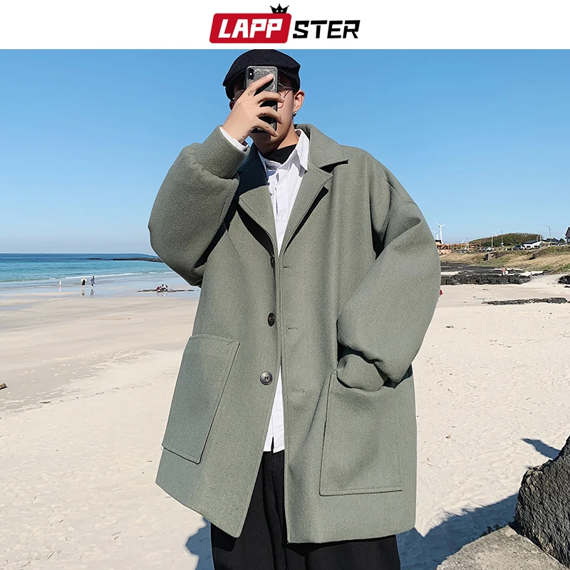 LAPPSTER мужской Корейский модный шерстяной Тренч пальто мужская Японская уличная одежда зимнее пальто Харадзюку хаки куртки пальто