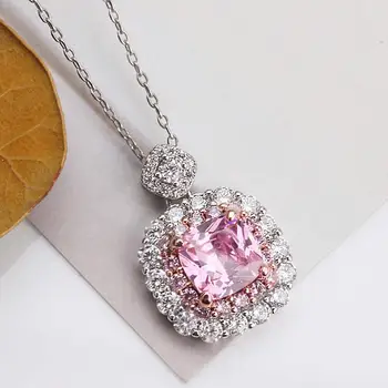 

Princess square pink crystal zircon diamonds pendant necklaces for women white gold silver color choker jewelry bijox party gift